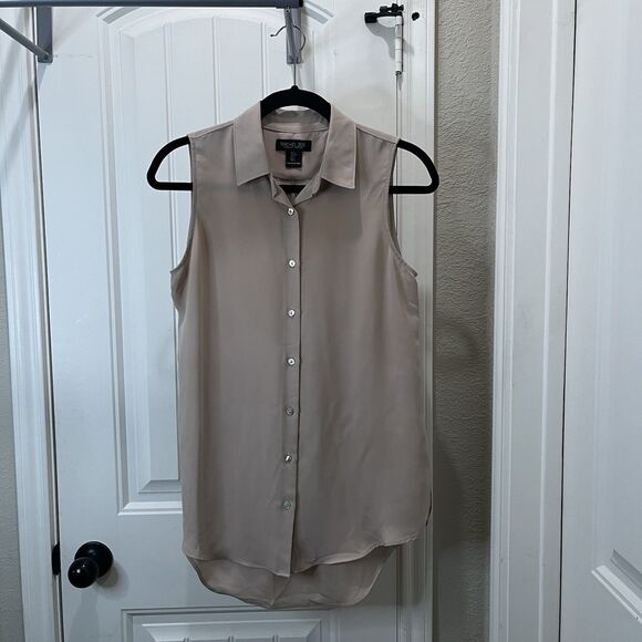 Rachel Zoe Tan Button Up Sleeveless Tunic Top Blouse Womens Size S Collared - Picture 1 of 10